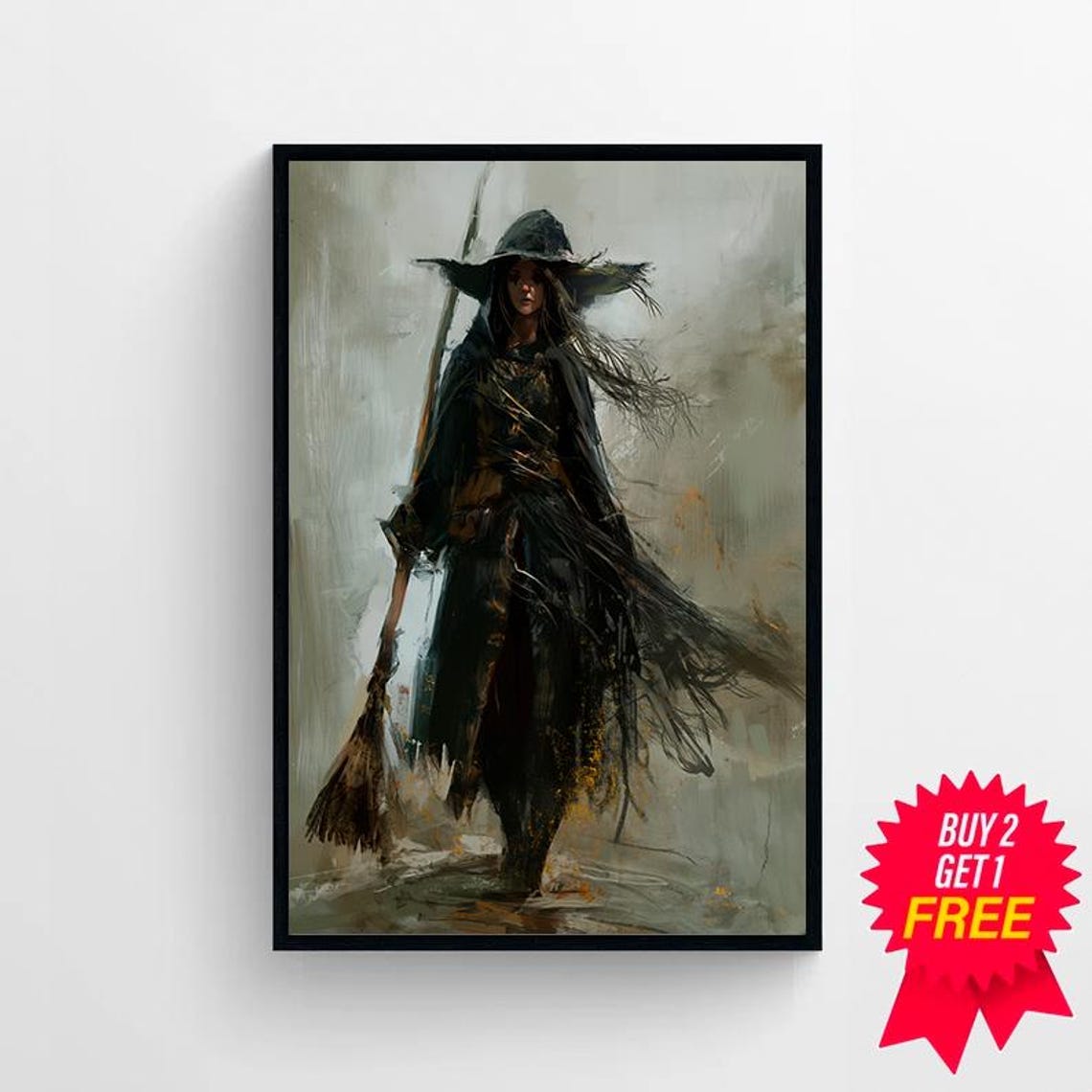 Dark Witch With Broom Walking Through Gray Misty Landscape Art Poster - Image 4