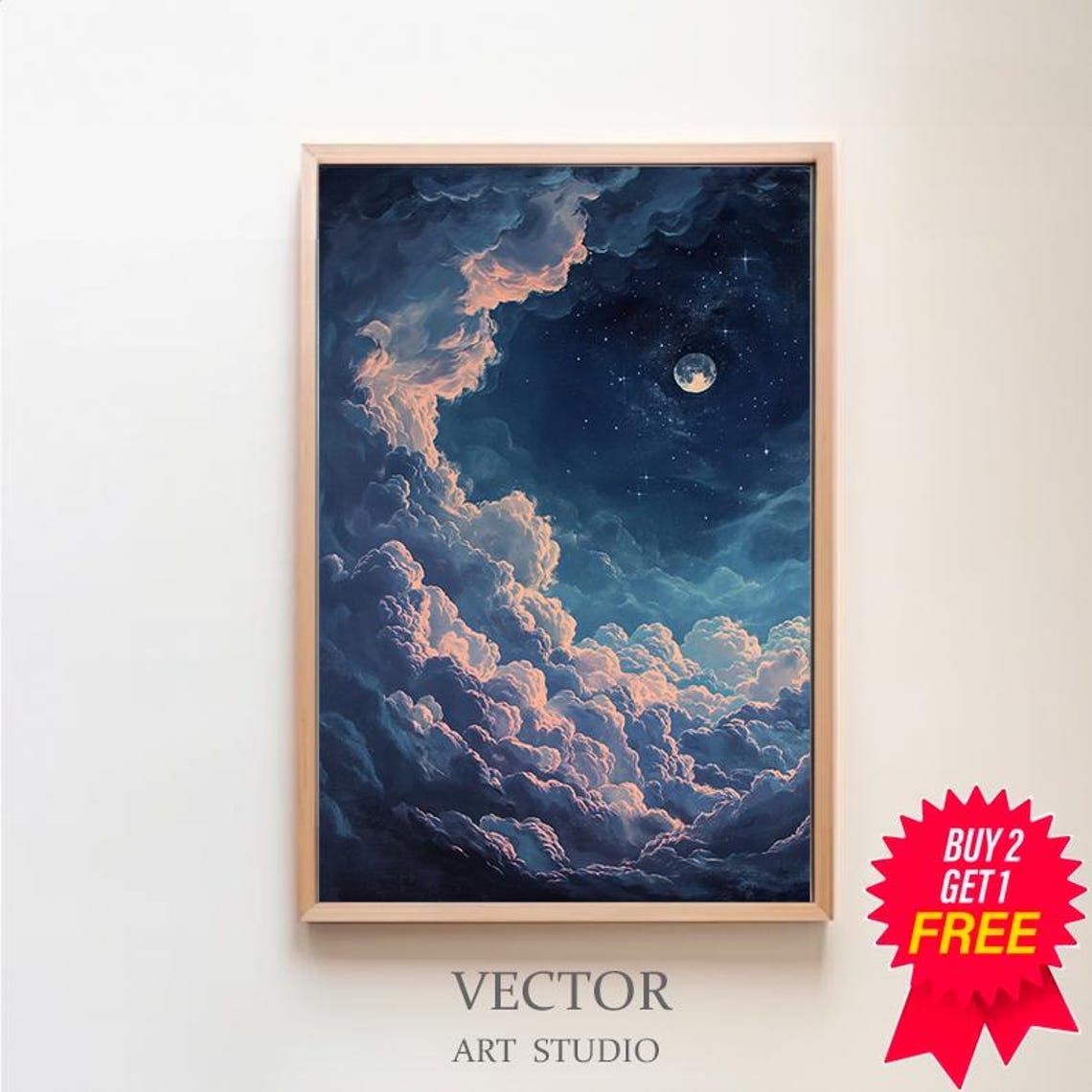 Enchanting Moon Art Print Vintage Inspired Dark Academia Dark Cottagecore Celestial Art Print Night Sky Painting