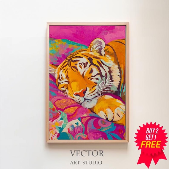 Sleeping Tiger Resting on a Vivid Magenta Maximalist Floral Bed Poster