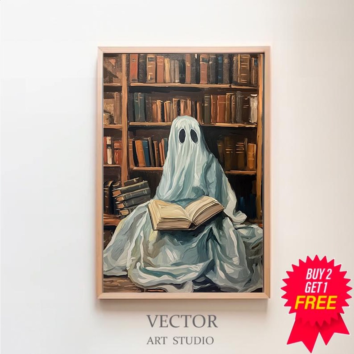 Cute Ghost Reading An Open Book Before Vintage Bookshelves Library Poster