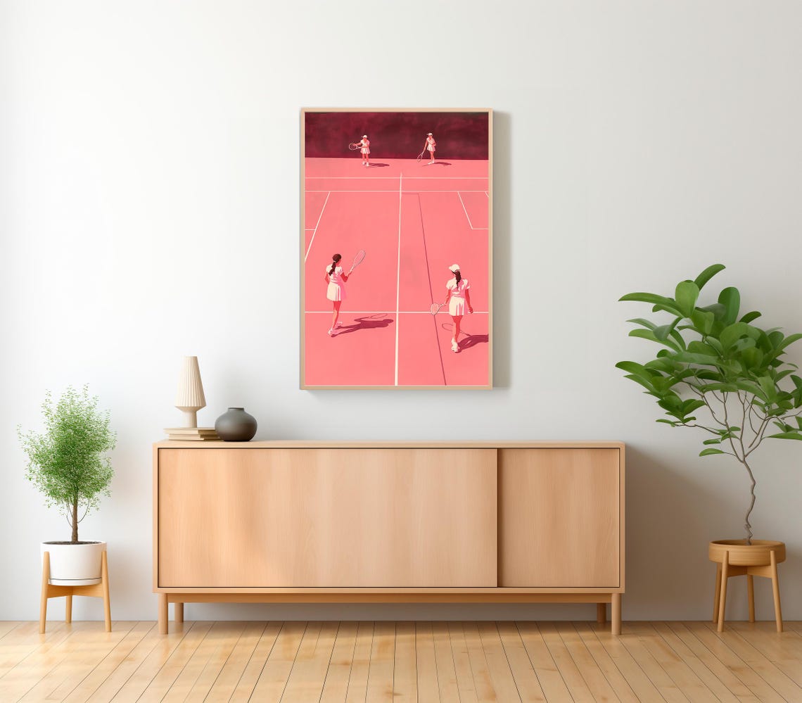 Pink Tennis Court Minimalist Illustration with Four Players Poster - Image 2