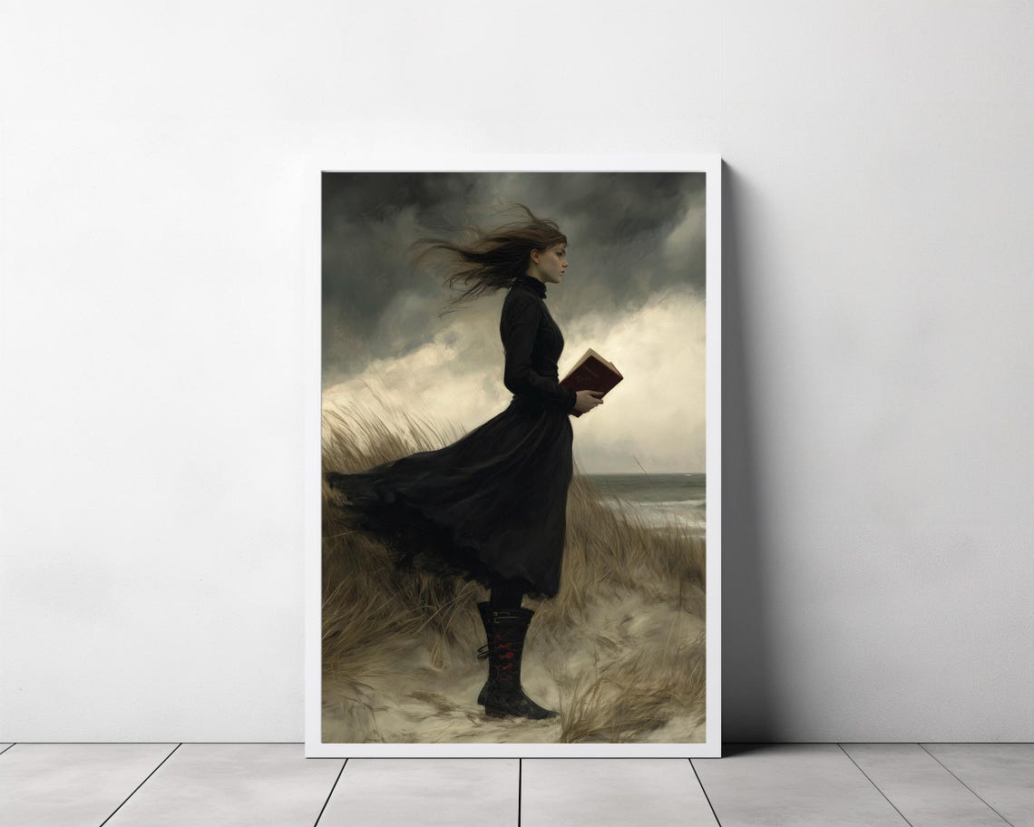 Woman With Book On Windswept Coastal Dunes Dark Academia Poster - Image 3
