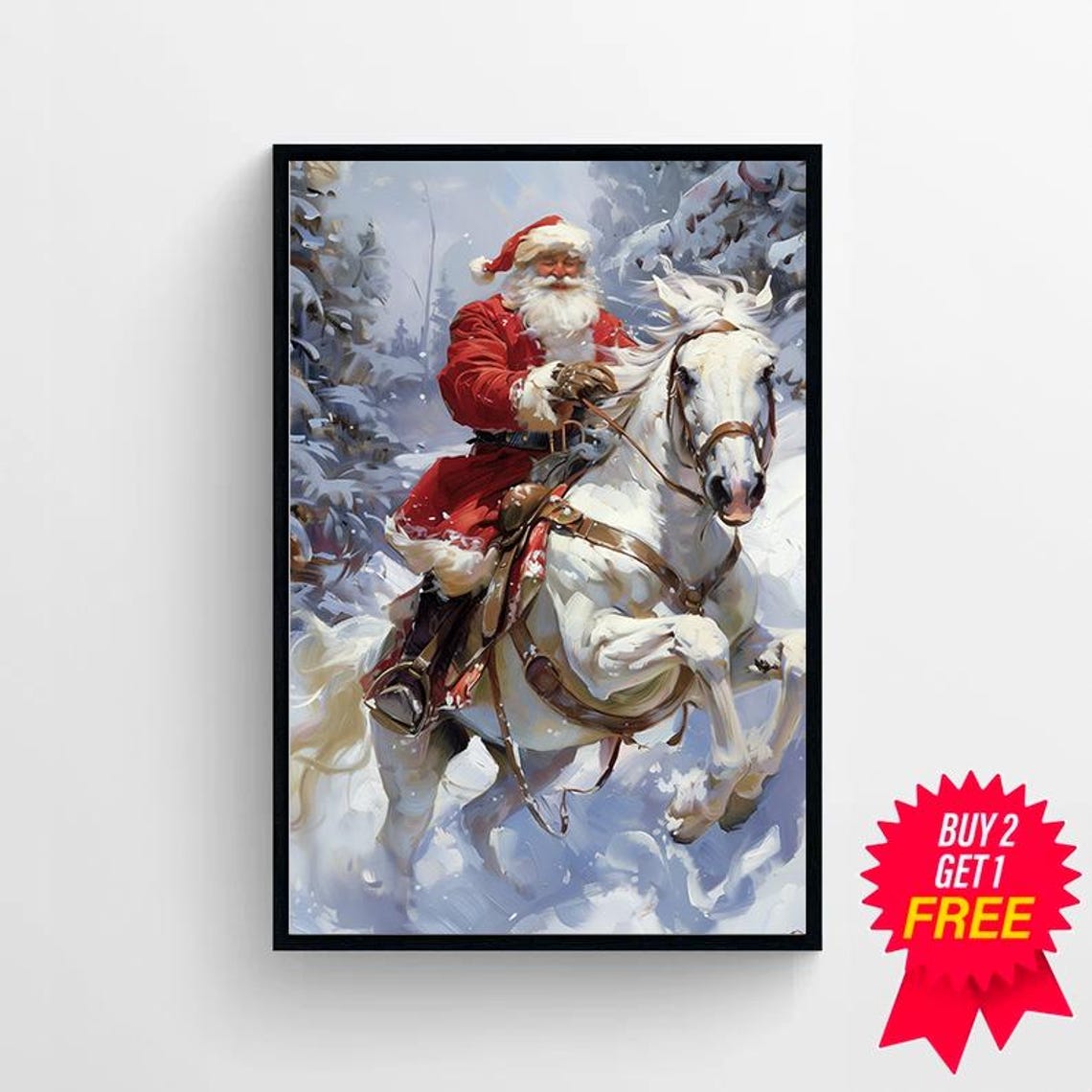 Santa Claus Riding White Horse Through a Snowy Forest Poster - Image 4