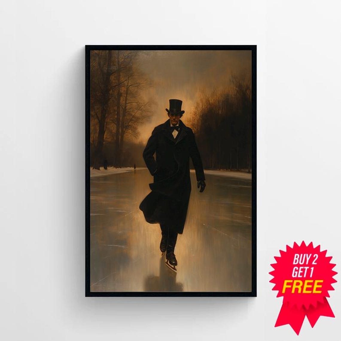 Top Hatted Gentleman Skating On Frozen River Moody Winter Poster - Image 4