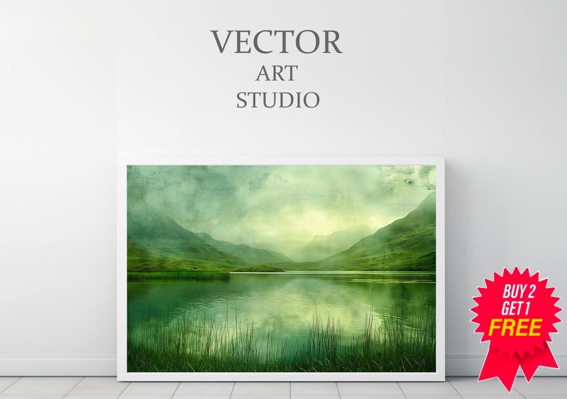 Moody Green Mountain Lake with Reeds in Soft Misty Light Poster - Image 3
