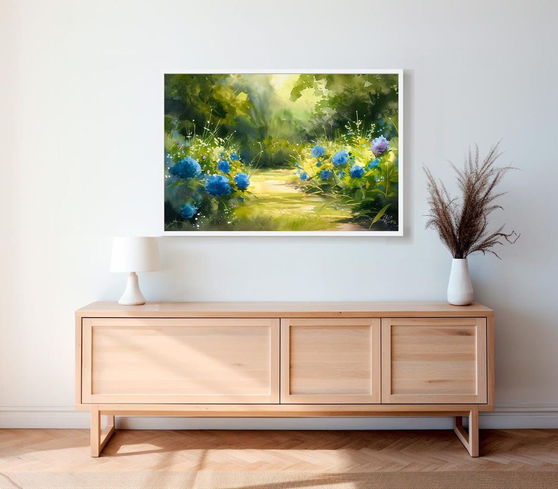 Sunlit Garden Path Watercolor Painting with Blue Wildflowers Poster - Image 2