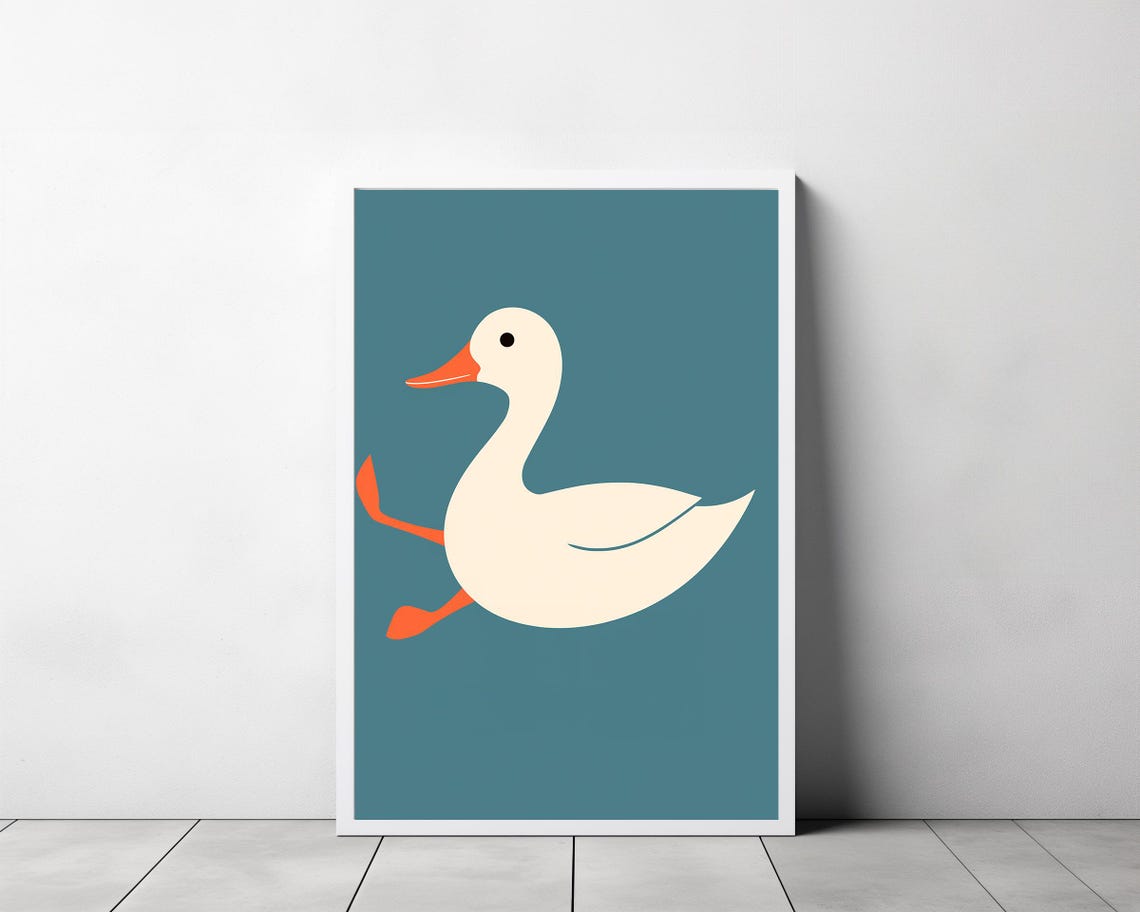 Minimalist White Duck Running on Teal Modern Style Nursery Poster - Image 3