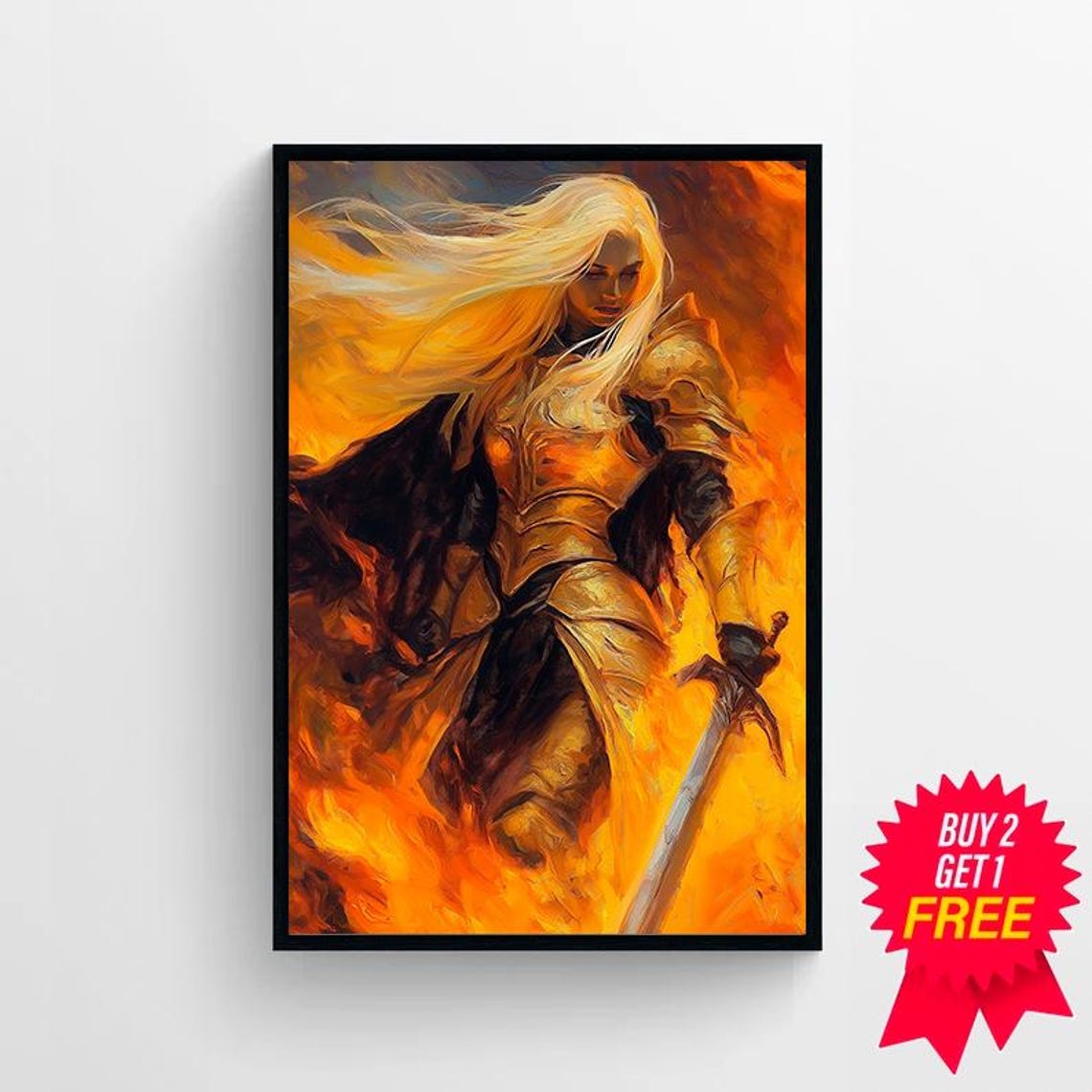 Blonde Warrior Woman in Golden Armor Amid Flames Fantasy Art Poster - Image 4