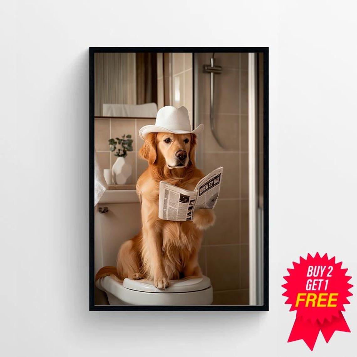 Golden Retriever In White Cowboy Hat Reading Newspaper Poster - Image 4
