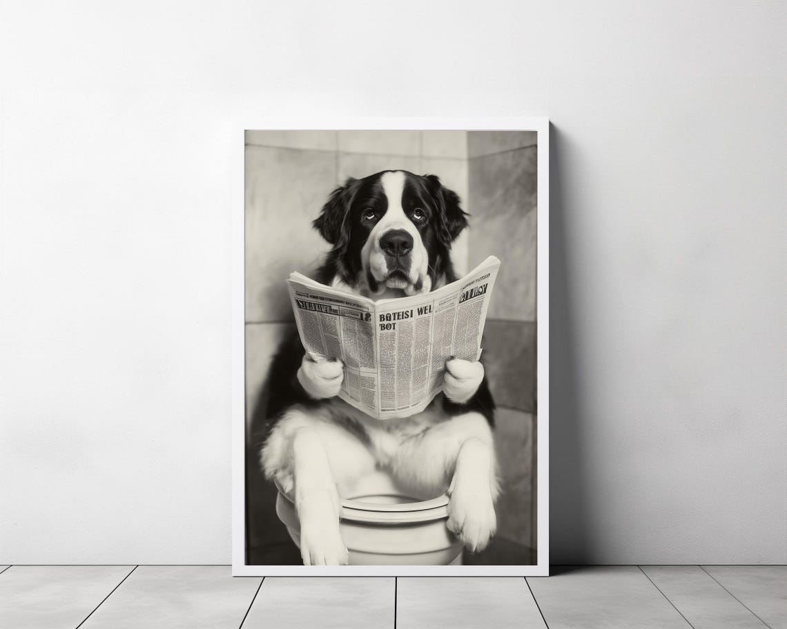 Saint Bernard On Toilet Reading Newspaper Funny Photo Poster - Image 3