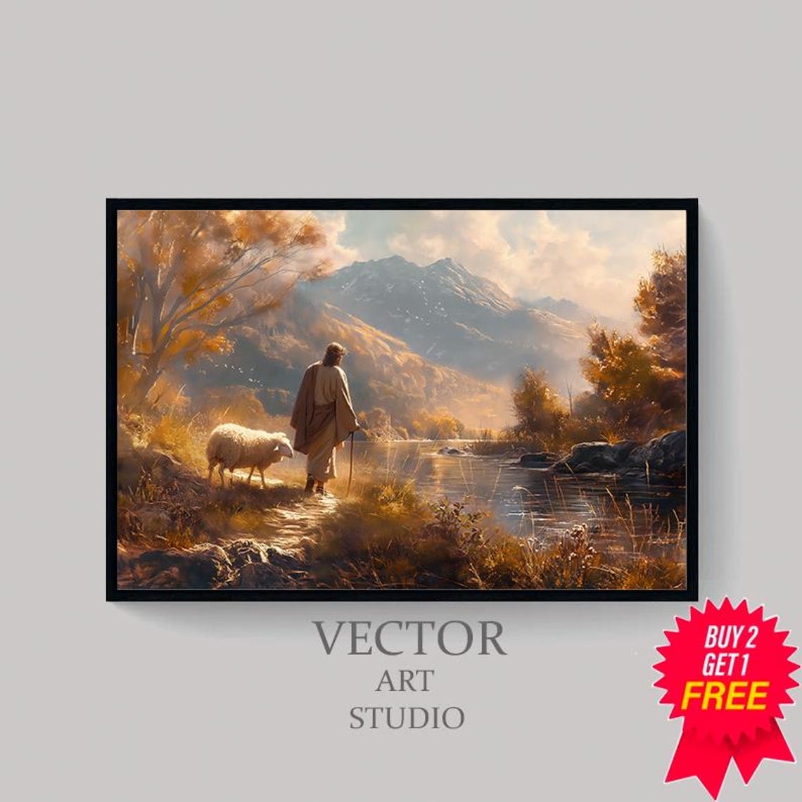 Jesus with a Sheep Beside a Golden Autumn Mountain River Poster - Image 4