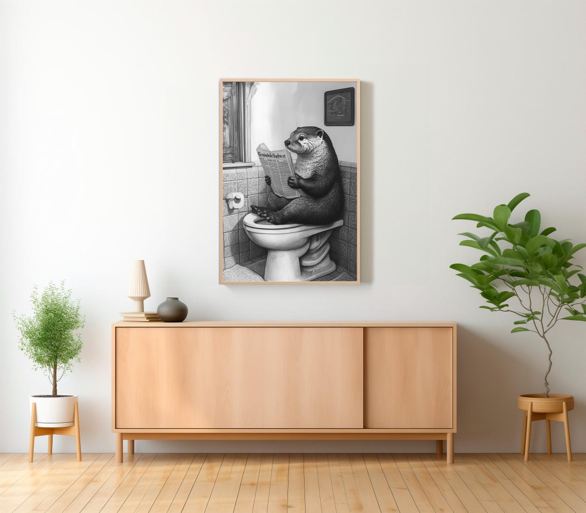 Funny Otter On Toilet Reading Newspaper Humor Bathroom Poster - Image 2
