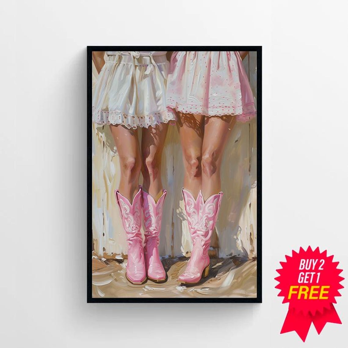 Pink Cowboy Boots with White Ruffle Skirts Western Style Poster - Image 4