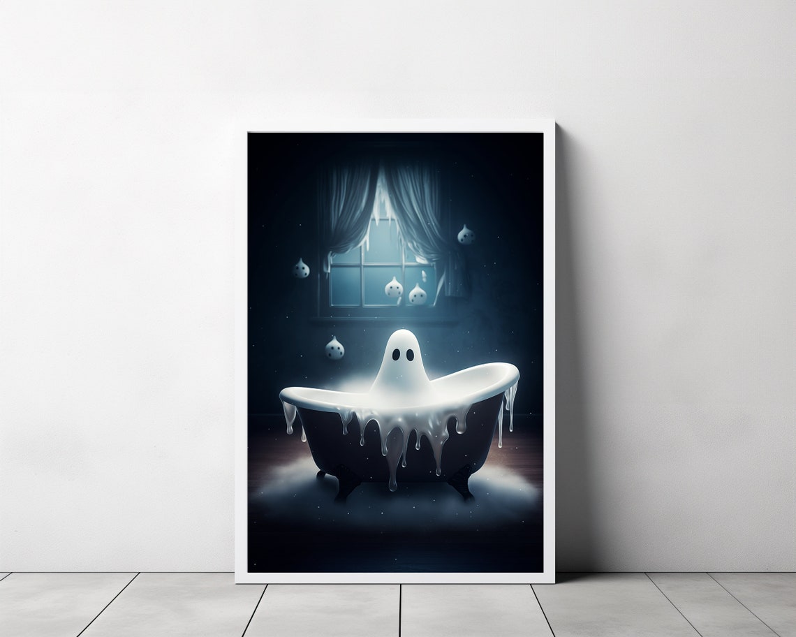 Cute Ghost in a Black Bathtub Under a Moonlit Window Halloween Poster - Image 3