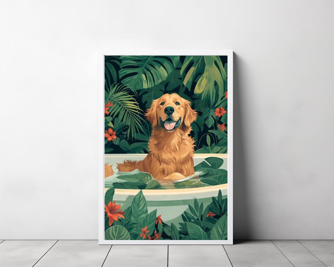 Happy Golden Retriever Bathing in Tub Tropical Leaves Poster - Image 3