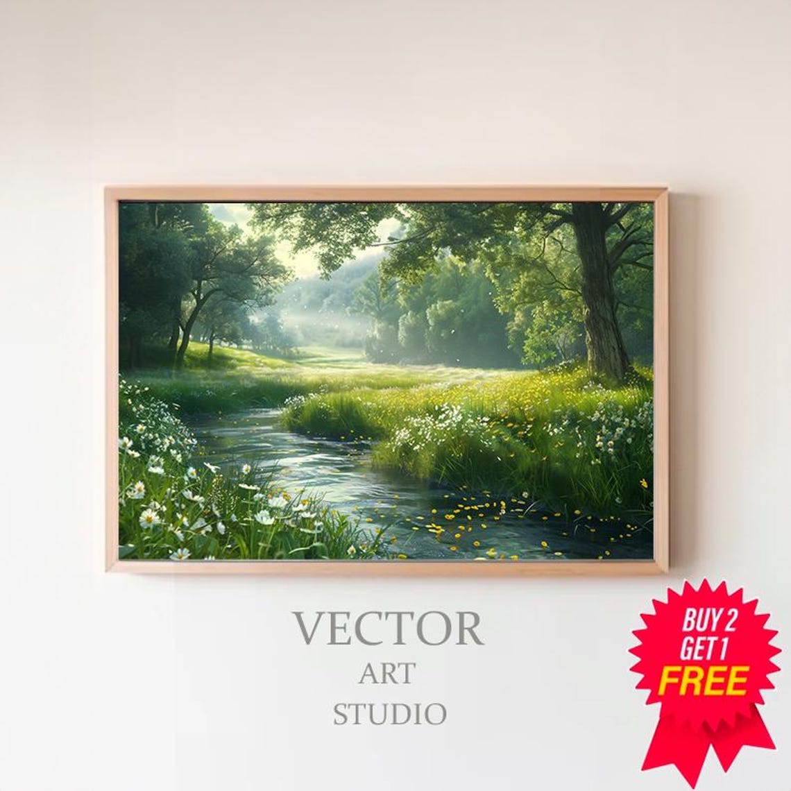 Misty River Meadow At Dawn With Wildflowers Landscape Art Poster