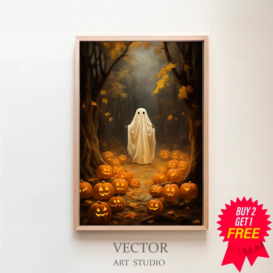Ghost Among Glowing Jack O Lanterns Misty Woods Halloween Poster