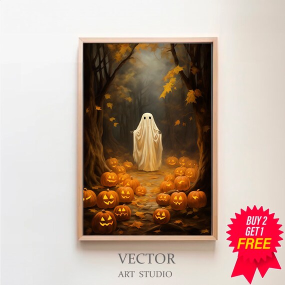 Ghost Among Glowing Jack O Lanterns Misty Woods Halloween Poster