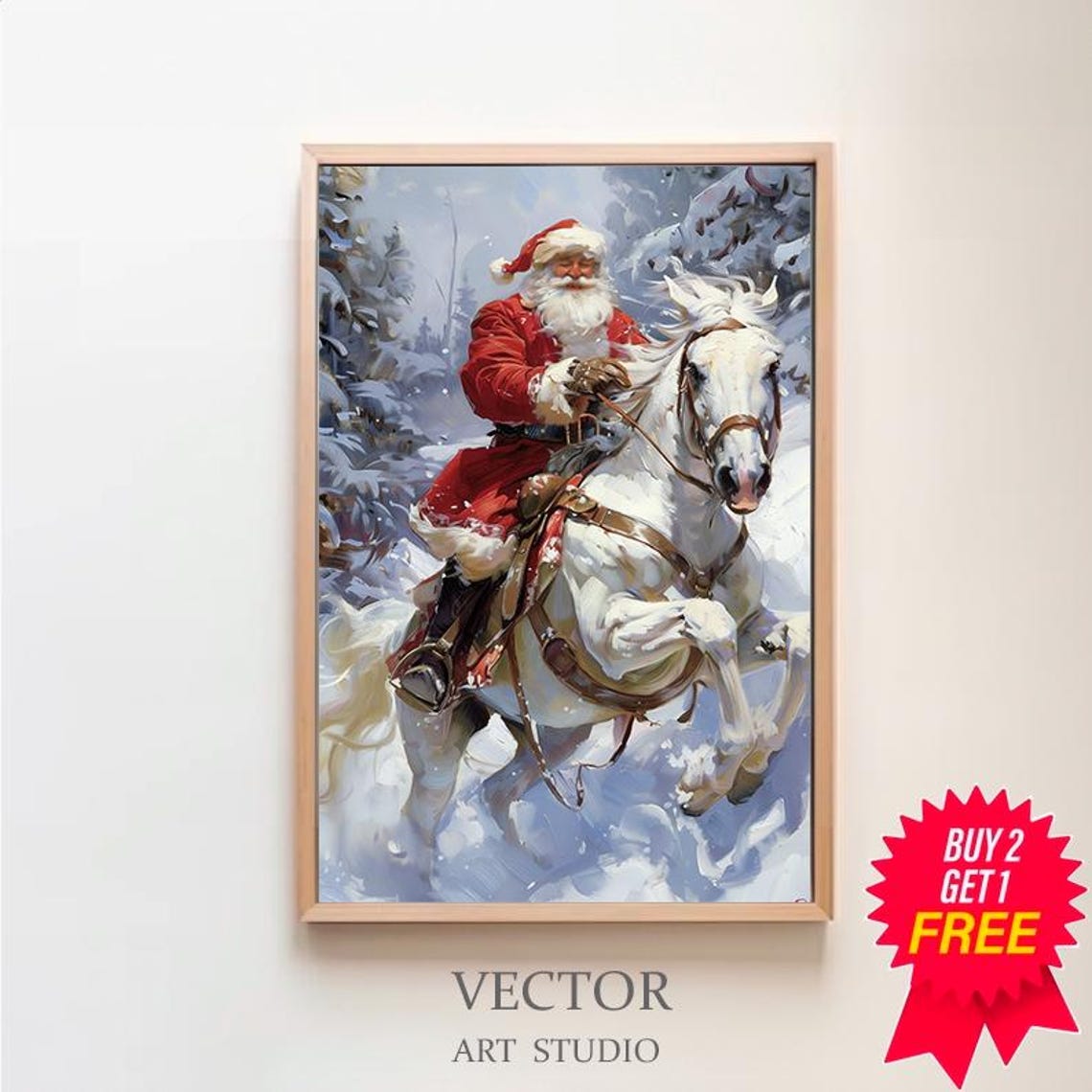 Santa Claus Riding White Horse Through a Snowy Forest Poster