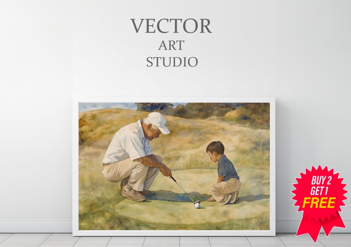Grandfather Teaching Grandson to Putt Heartwarming Golf Scene Poster - Image 3