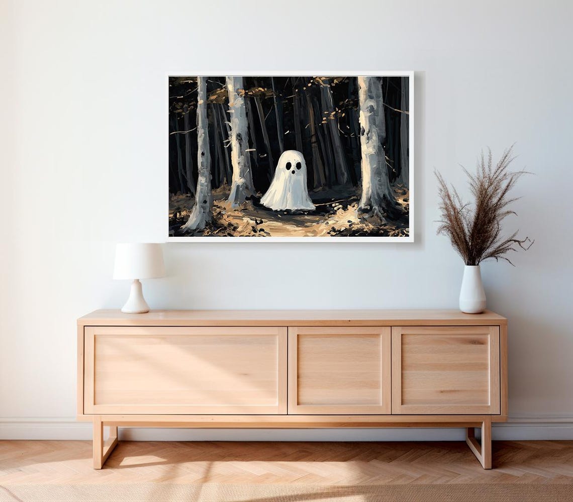 Pale Ghost Among White Birch Trunks In Near Monochrome Forest Poster - Image 2