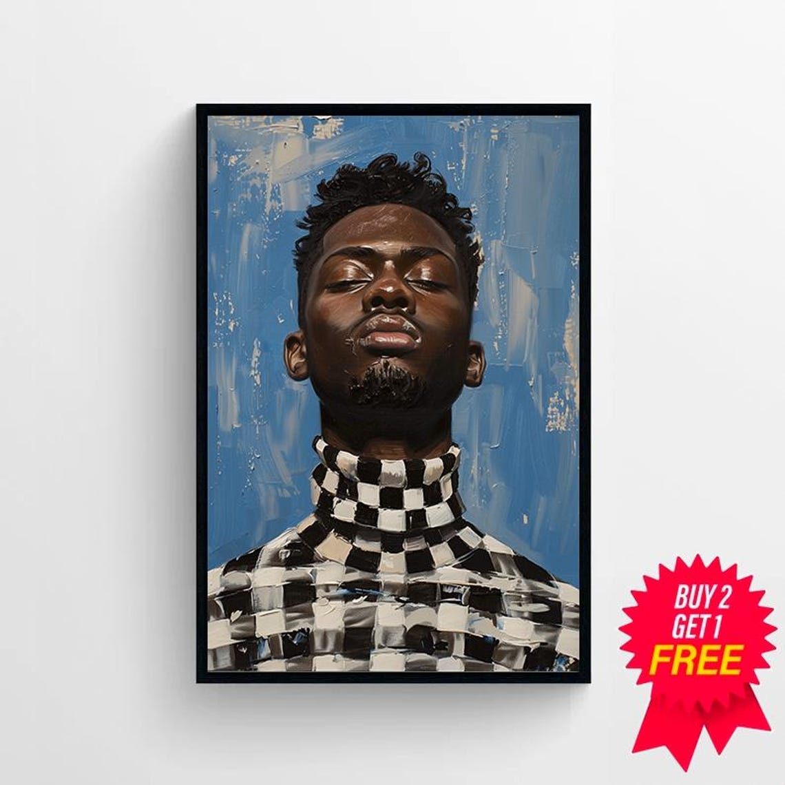 Portrait of a Man in a Checkered Turtleneck on Blue Backdrop Poster - Image 4