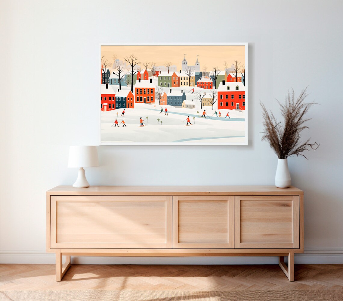 Modern Snowy Town Cross Country Skiers Flat Illustration Winter Poster - Image 2
