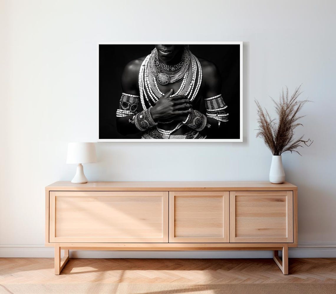 Dramatic African Bead Necklace Portrait Black And White Poster - Image 2