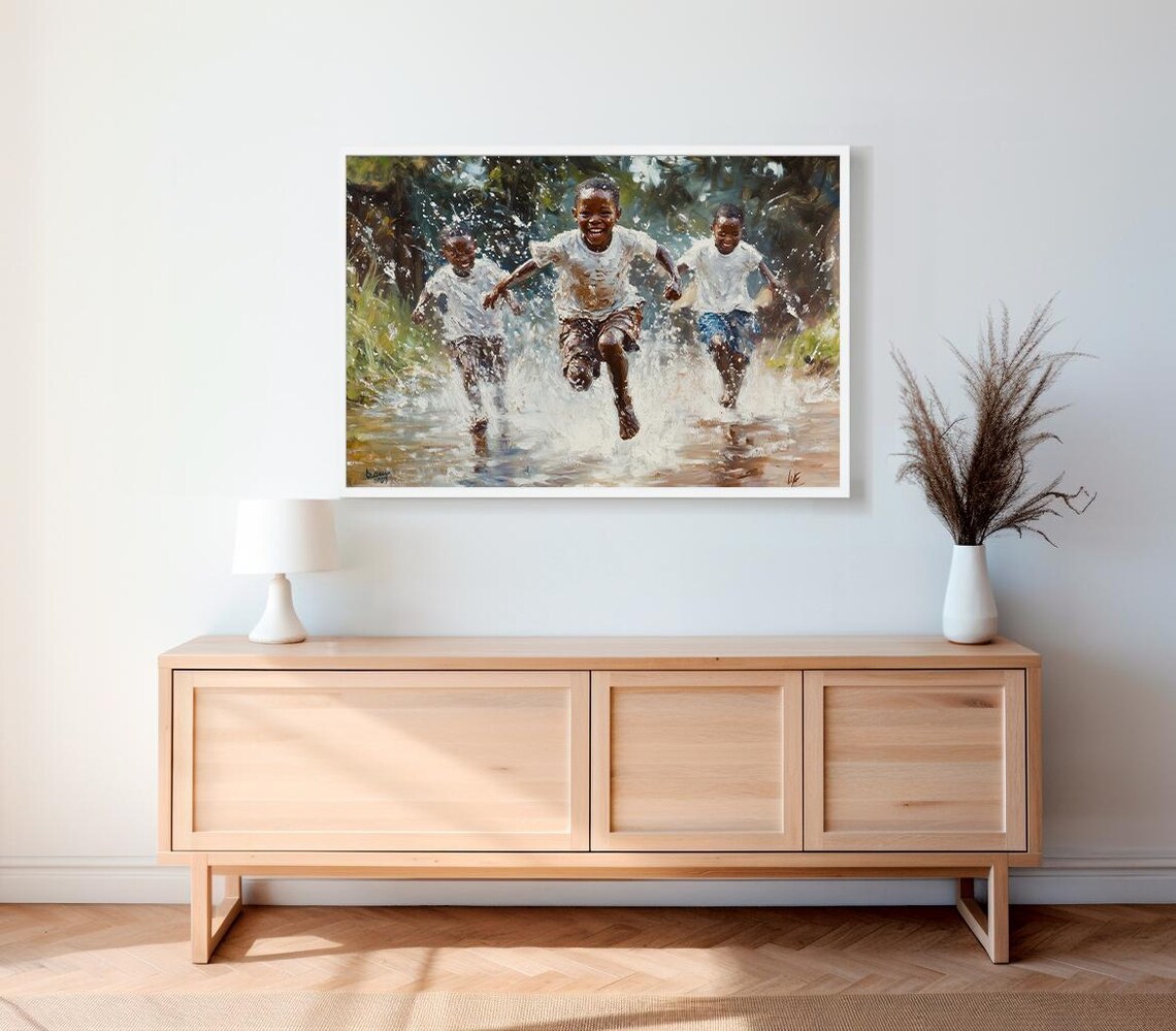 African Children Playing in Rain, Wall Art Print - Image 2