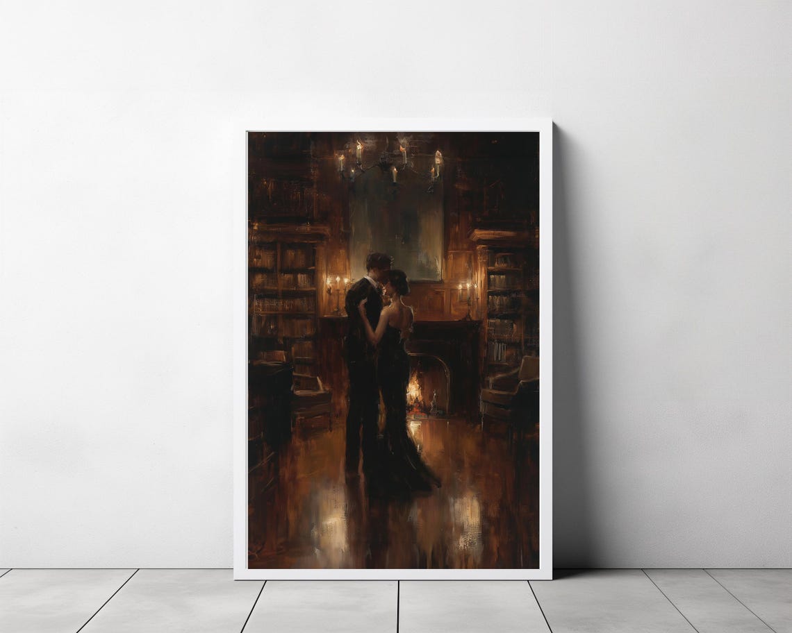 Lovers In Library Art Painting Couple Art Dark Academia Print Dark Oil Painting Gothic Decor For Book Lovers Moody Wall Art - Image 3