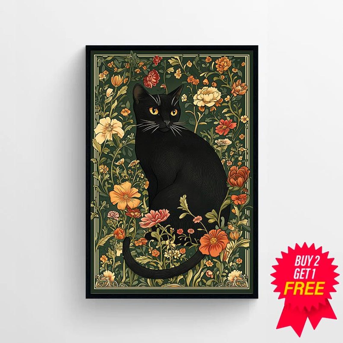 Elegant Black Cat Portrait among William Morris Flowers Poster - Image 4