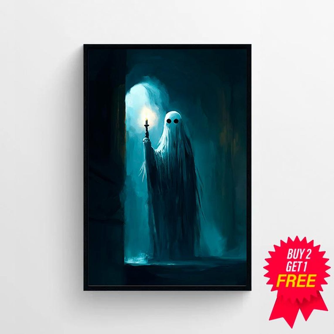 Sheet Ghost Holding a Candle in a Dark Teal Hallway Art Poster - Image 4