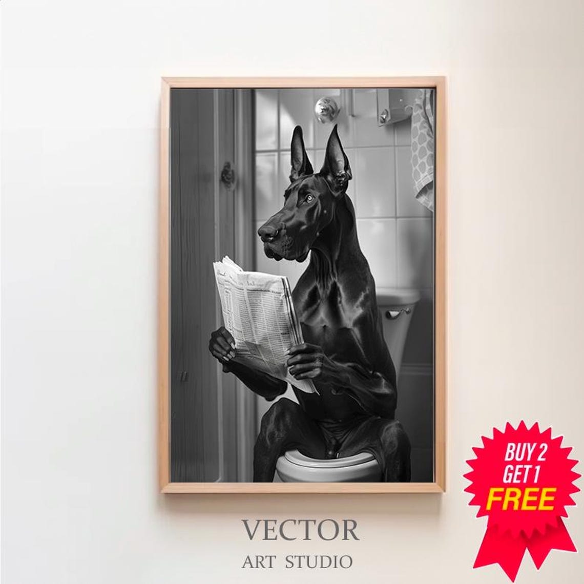 Black Great Dane on Toilet with Newspaper Funny Bathroom Poster
