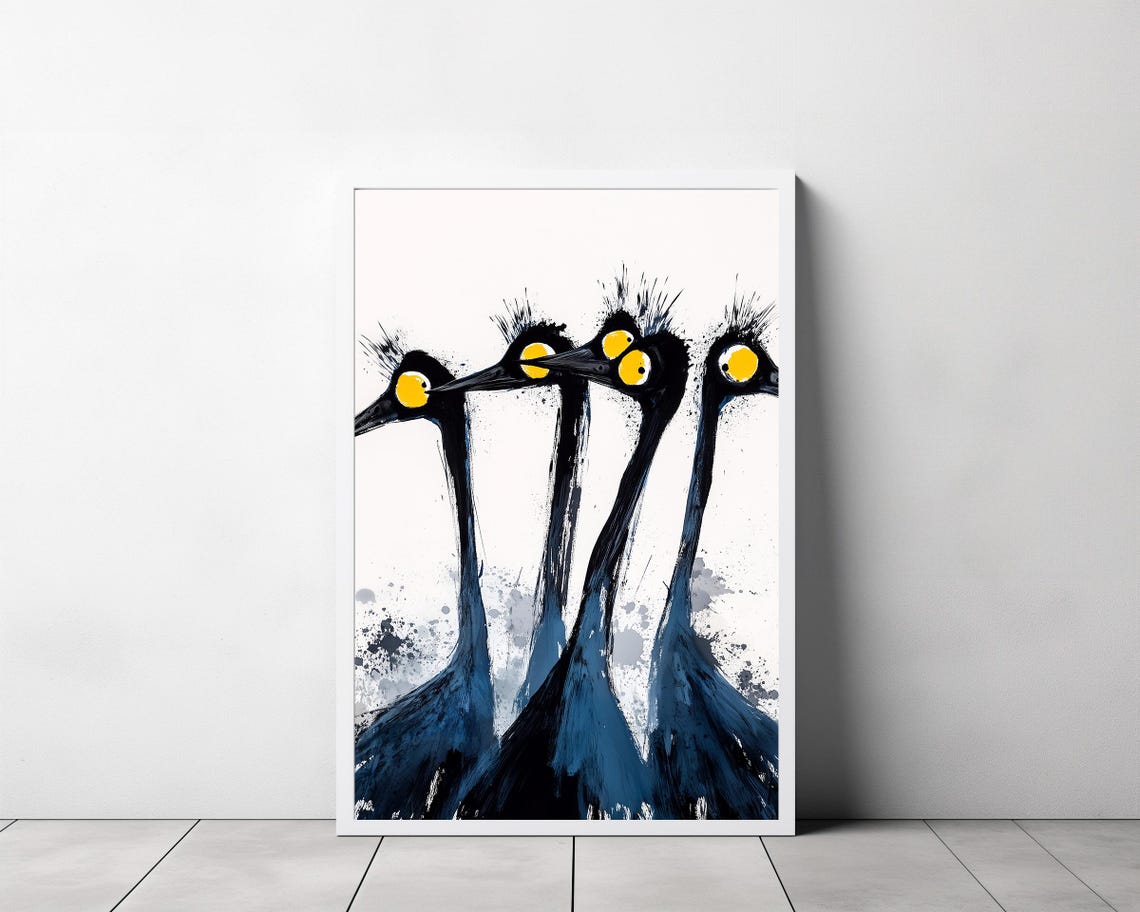 Four Quirky Googly-Eyed Long-Necked Birds Funny Watercolor Poster - Image 3