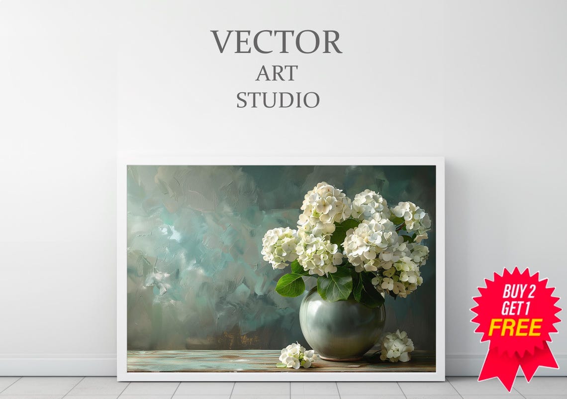 White Hydrangeas in a Grey Vase Teal Floral Still Life Painting Poster - Image 3