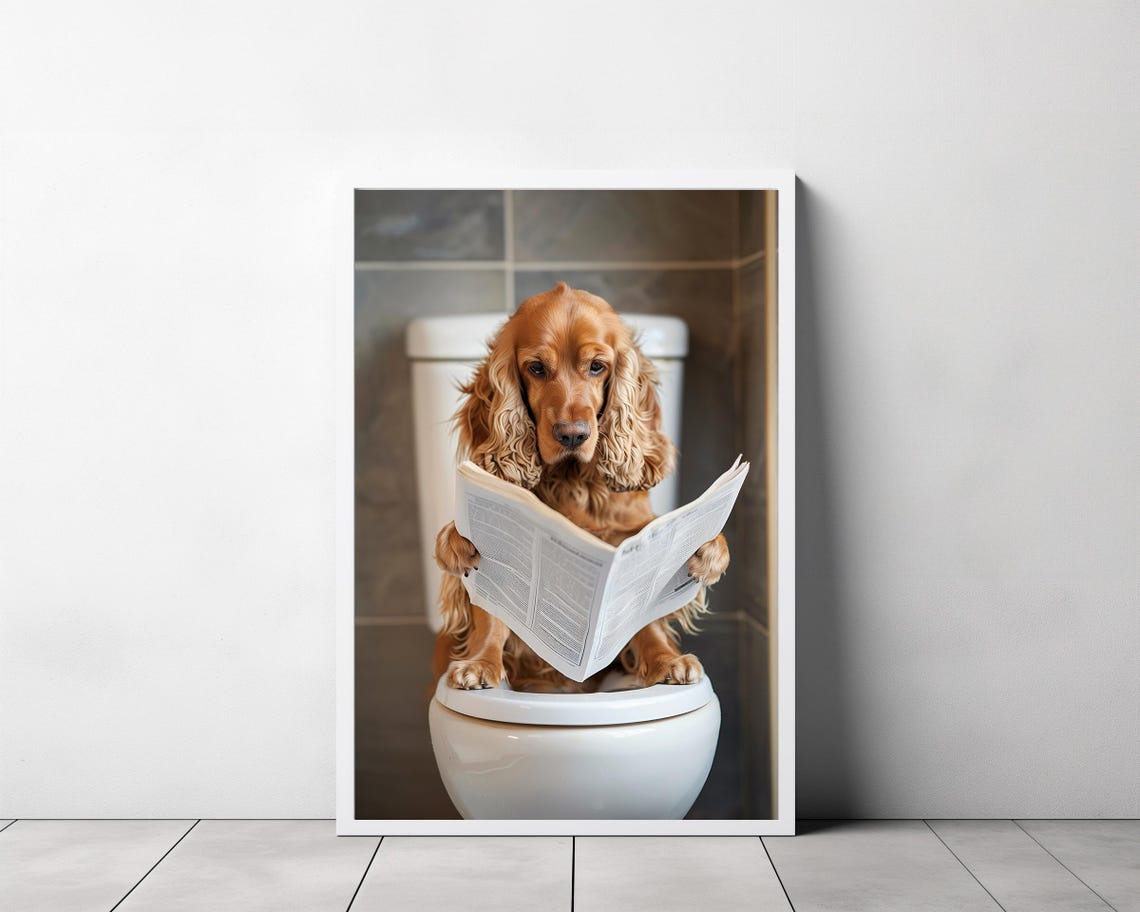 Cocker Spaniel Reading Newspaper on the Toilet Funny Bathroom Poster - Image 3
