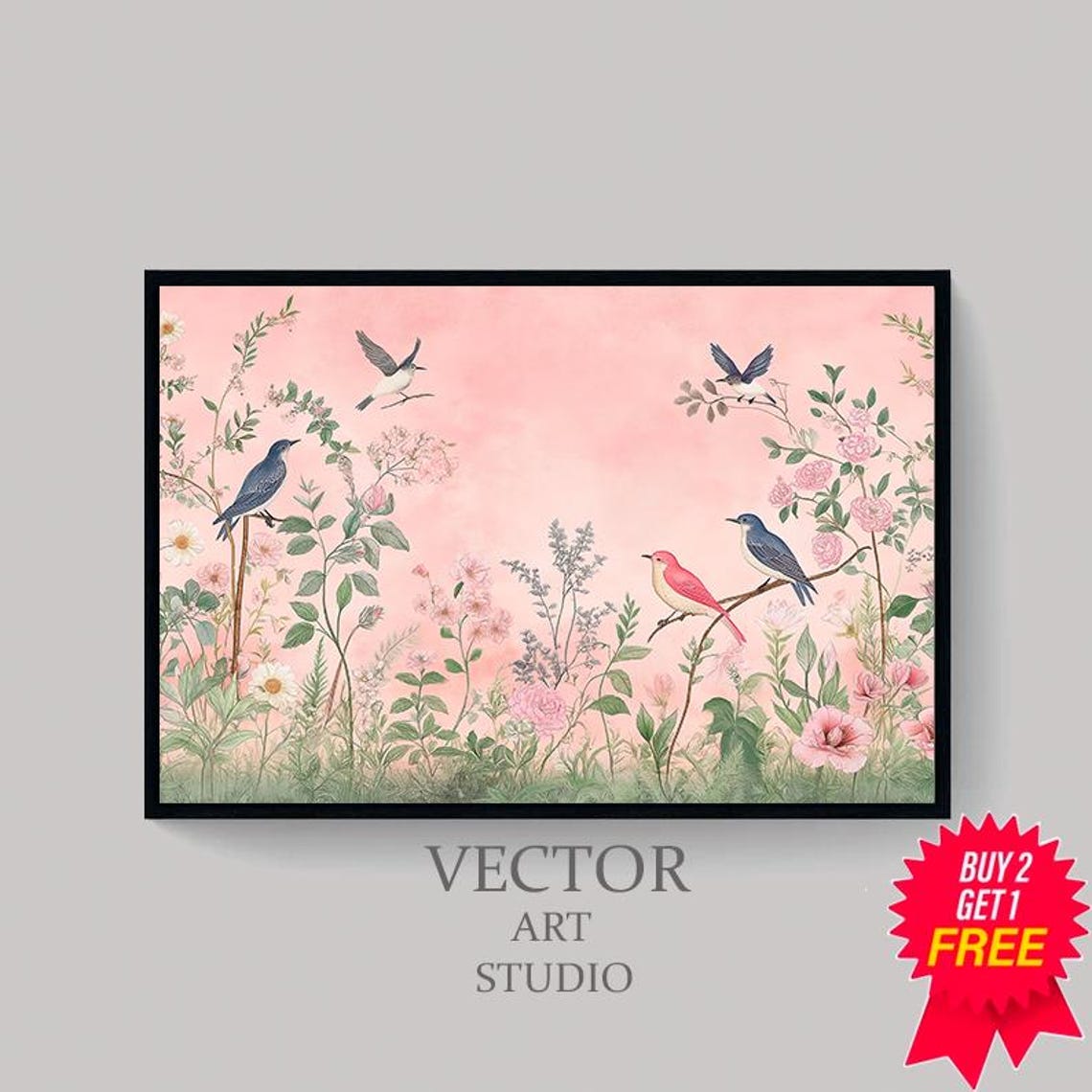 Chinoiserie Birds Among Blush Pink Blossoms Asian Botanical Art Poster - Image 4