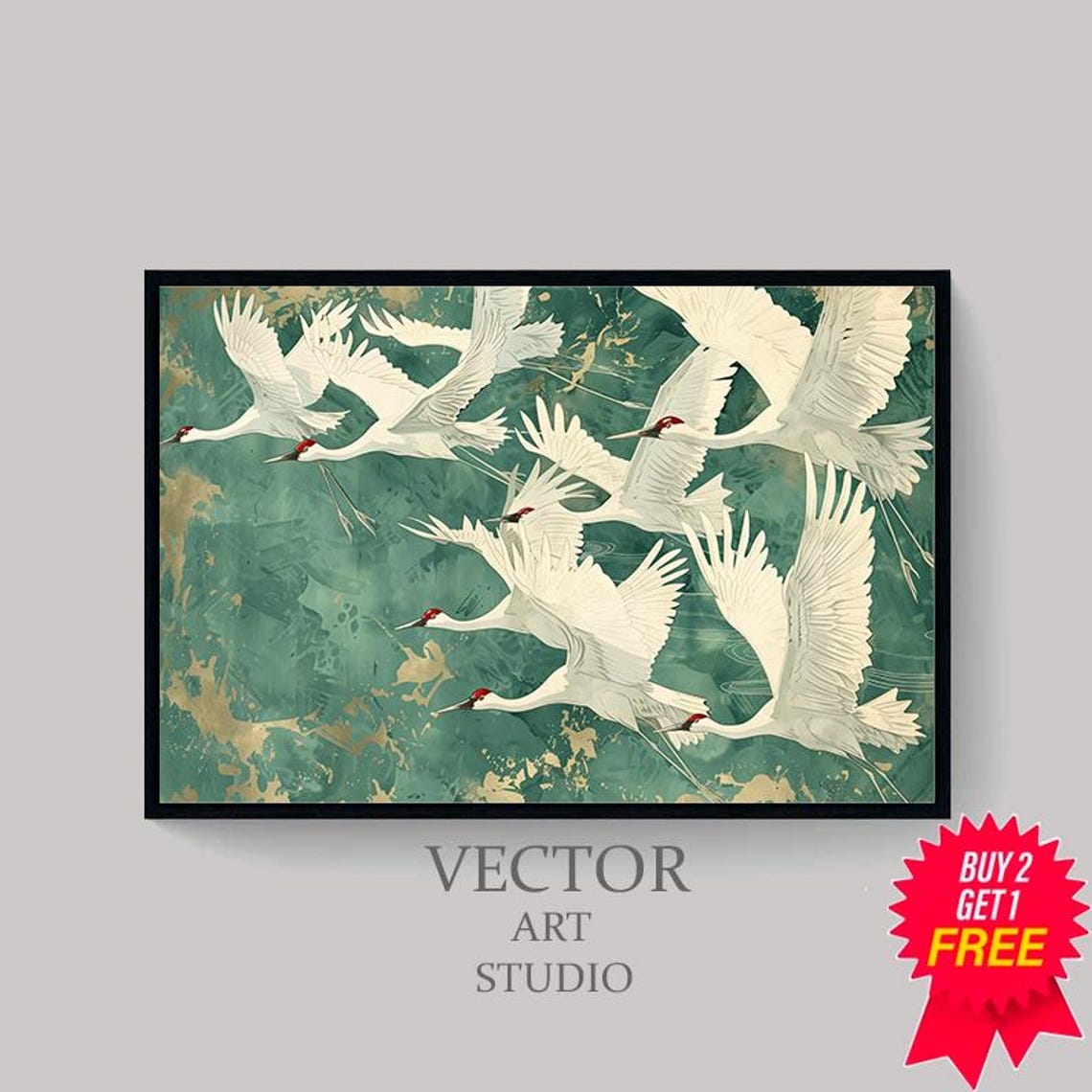 Elegant White Cranes Soaring Over a Jade Green Chinoiserie Wall Poster - Image 4
