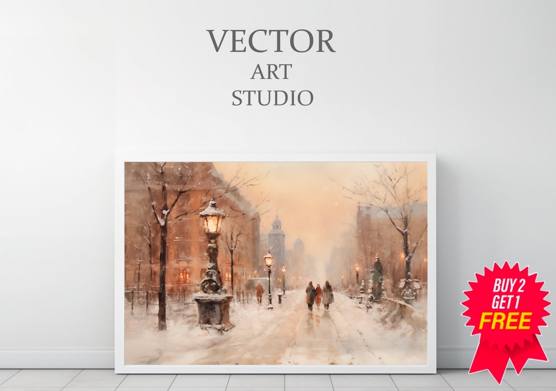 Snowy Winter City Street With Glowing Gas Lamps at Sunset Poster - Image 3