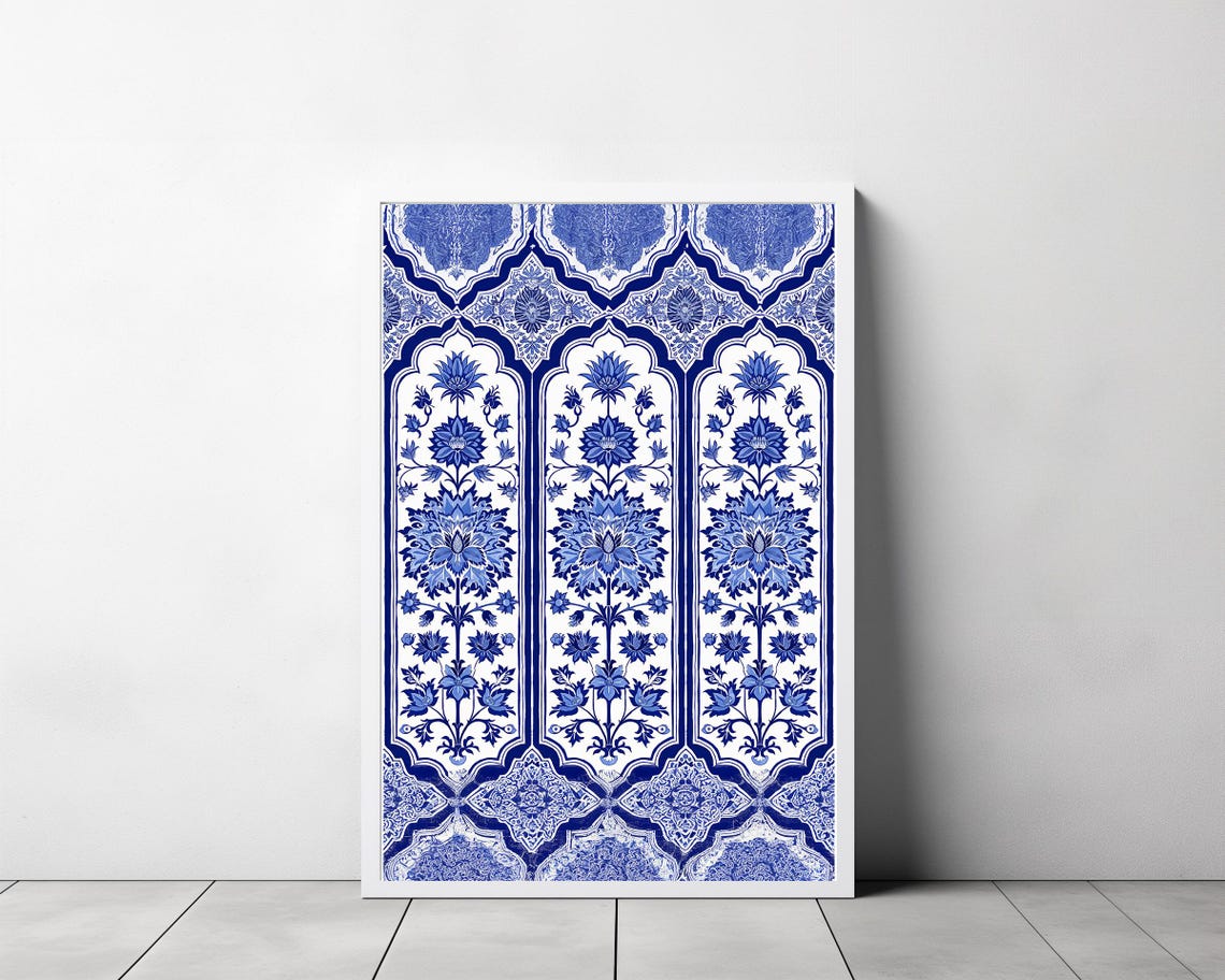 Royal Blue and White Indian Mughal Floral Arch Pattern Poster - Image 3