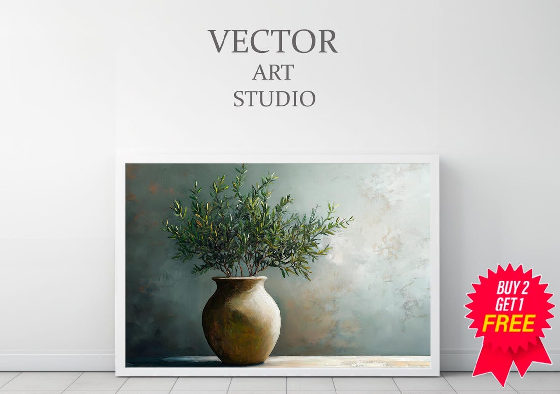 Olive Branches In Aged Bronze Pot Moody Botanical Still Life Poster - Image 3