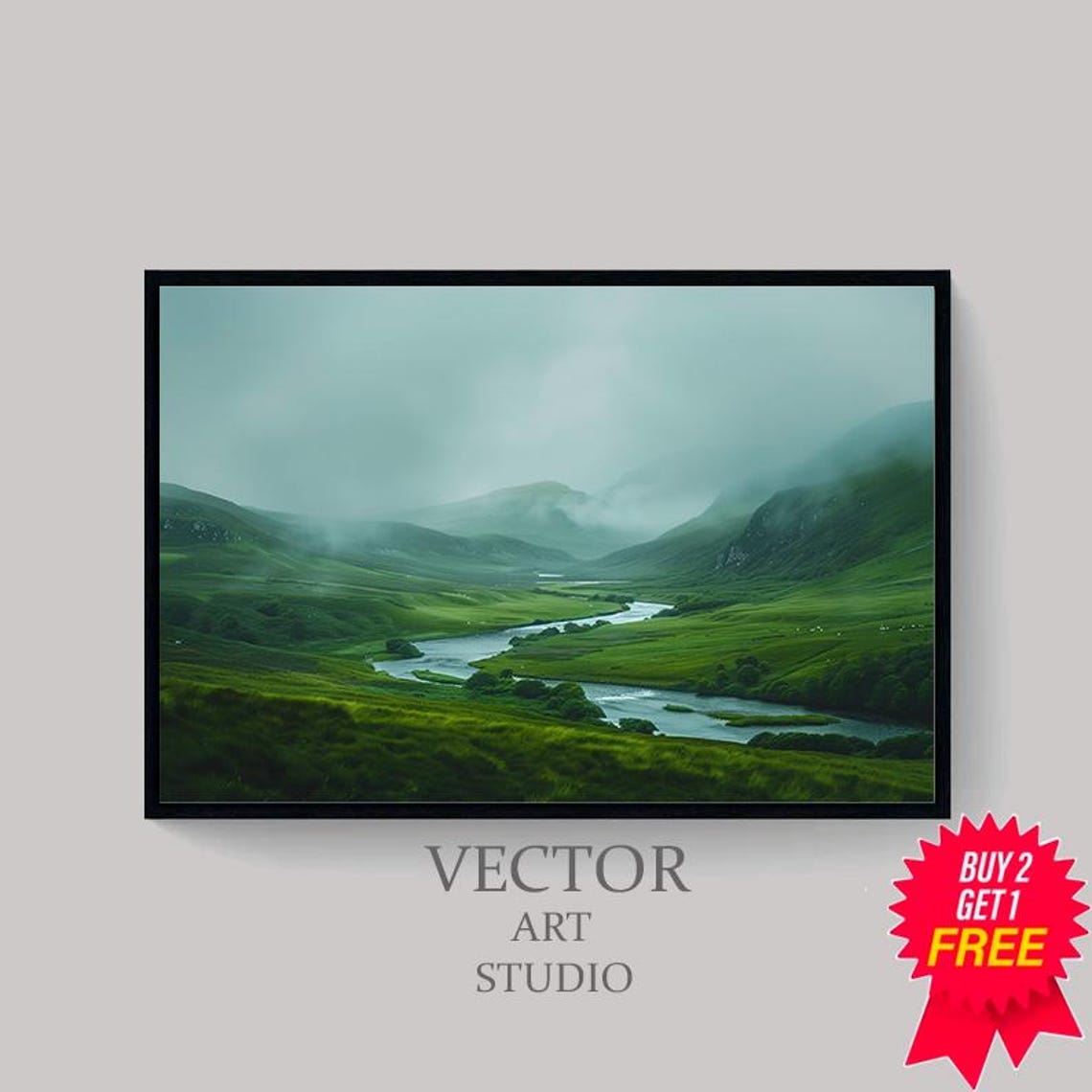 Foggy Emerald Valley With Winding River Ireland Landscape Art Poster - Image 4