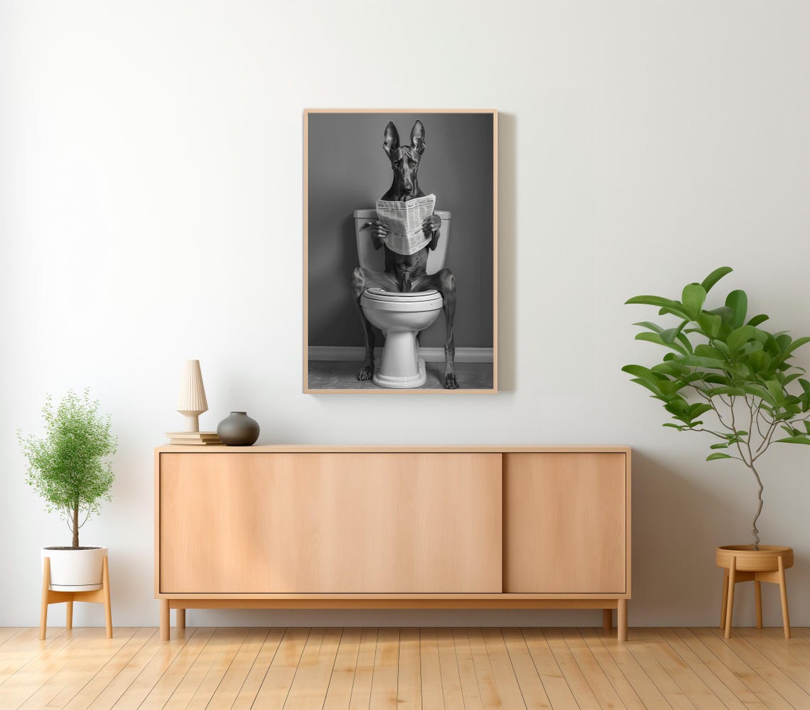 Doberman Reading Newspaper on Toilet Funny Dog Bathroom Photo Poster - Image 2