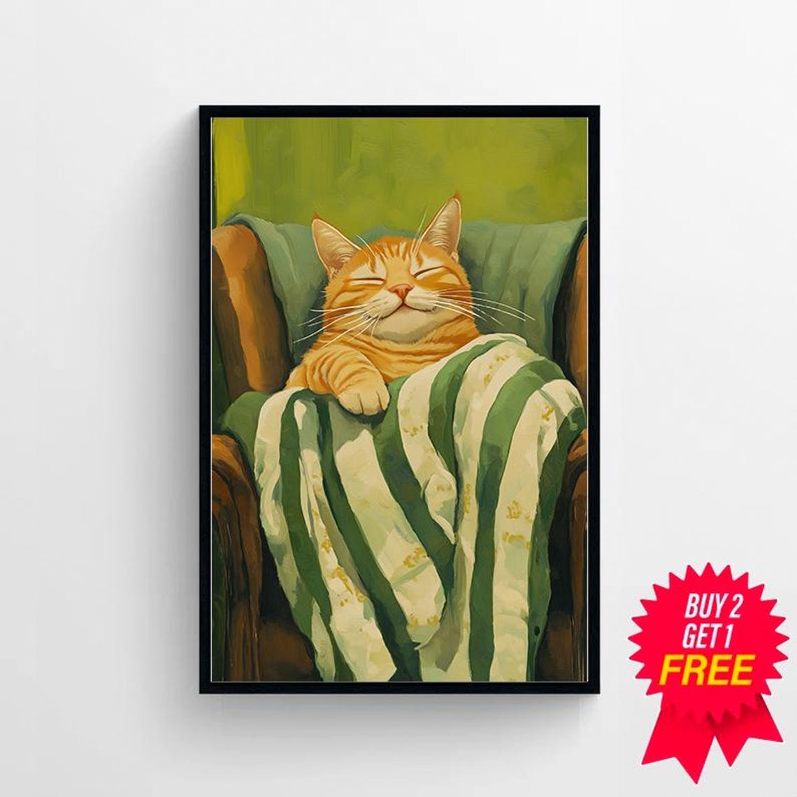 Content Orange Tabby Cat Relaxing in a Cozy Striped Armchair Poster - Image 4