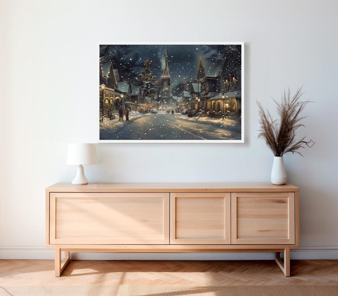 Christmas Village Night Street Snow Church Steeple Lights Poster - Image 2