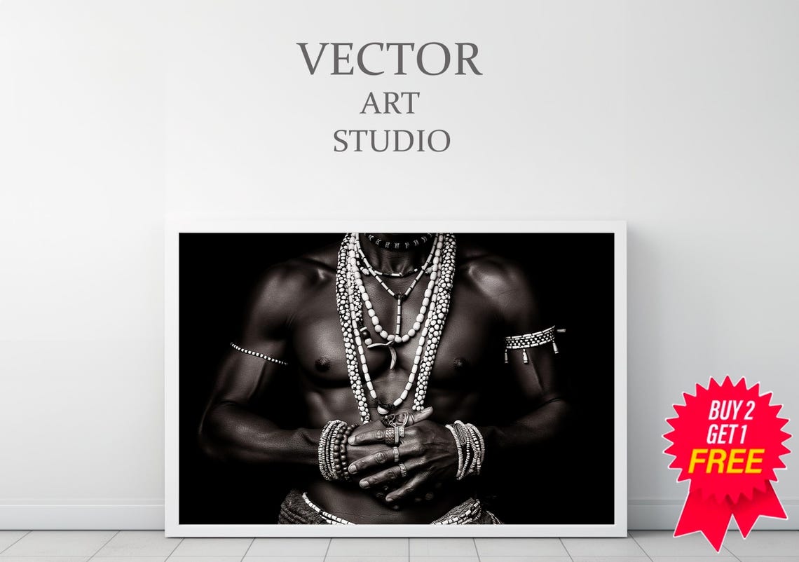 Black and White African Portrait with Beaded Necklaces Art Poster - Image 3