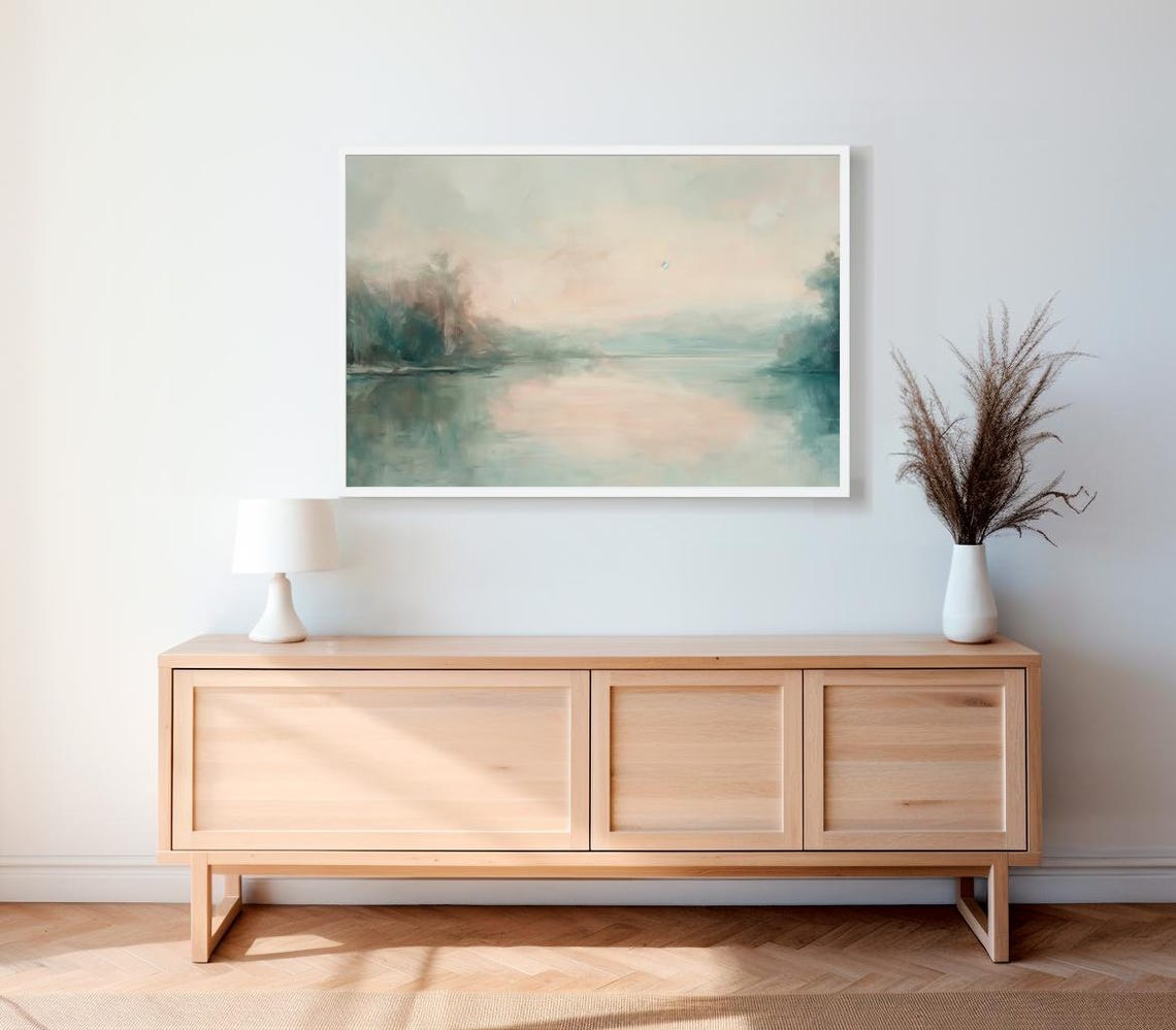 Blush Pink Lake Reflections Under Soft Pastel Sky Landscape Art Poster - Image 2