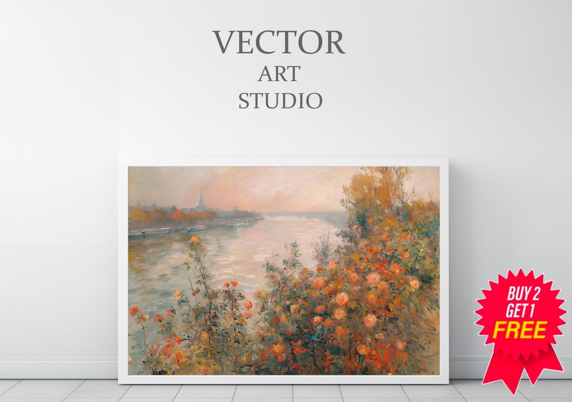 Riverside Wild Roses at Sunset Impressionist Garden Landscape Poster - Image 3