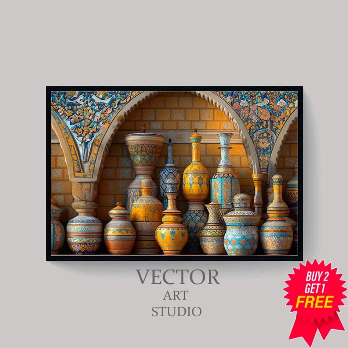 Ornate Moroccan Pottery Vases Under Tiled Moorish Arches Art Poster - Image 4