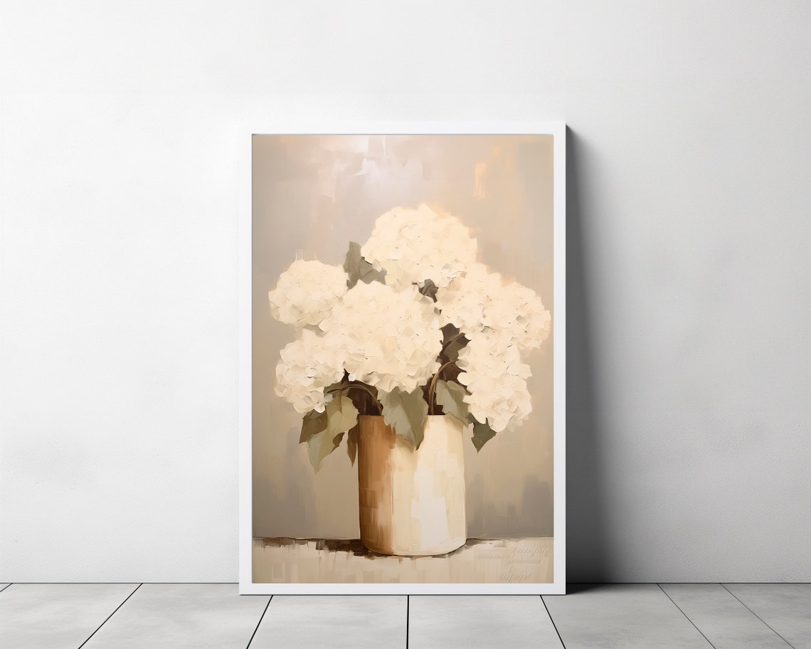 White Hydrangeas in a Golden Vase Warm Farmhouse Floral Poster - Image 3